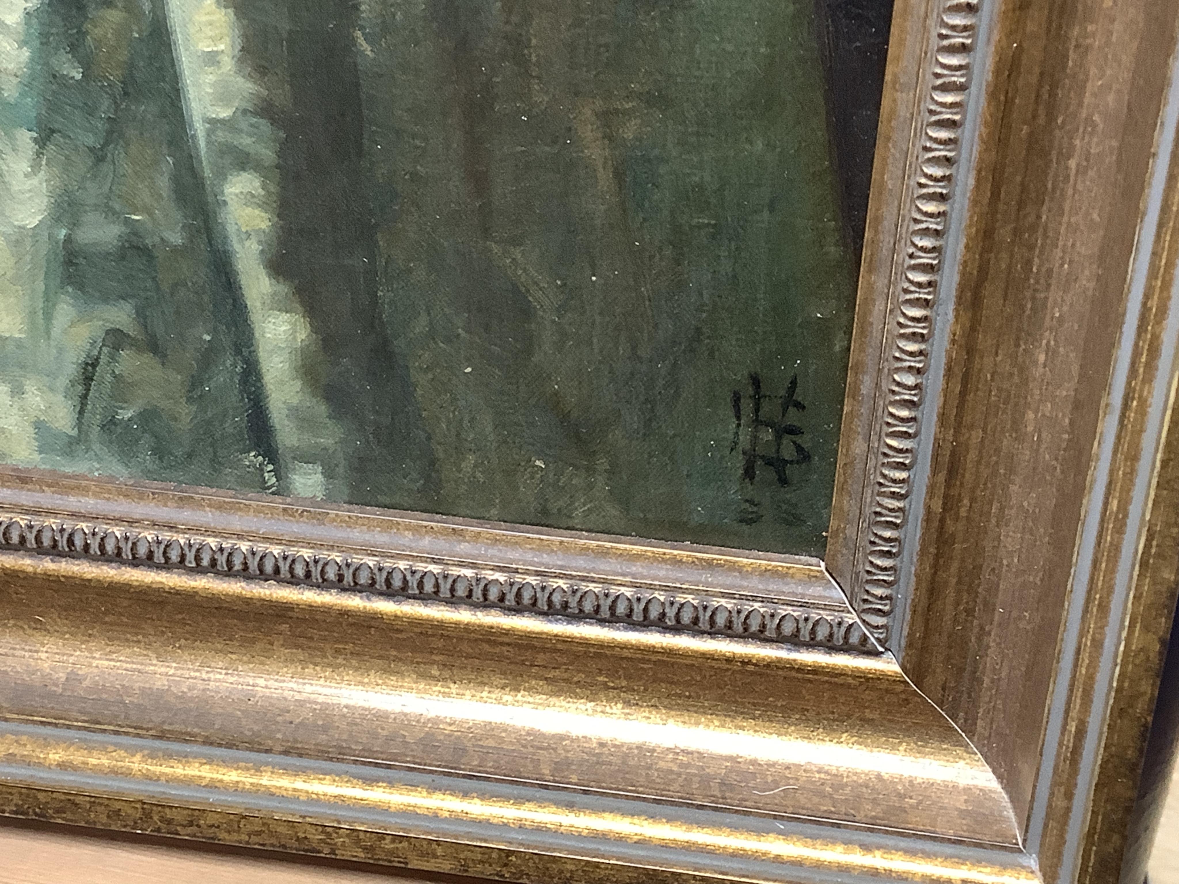 Pre-Raphaelite school, Three quarter length portrait of a lady reading, monogrammed lower right, FHL?, oil on canvas, 41 x 21cm